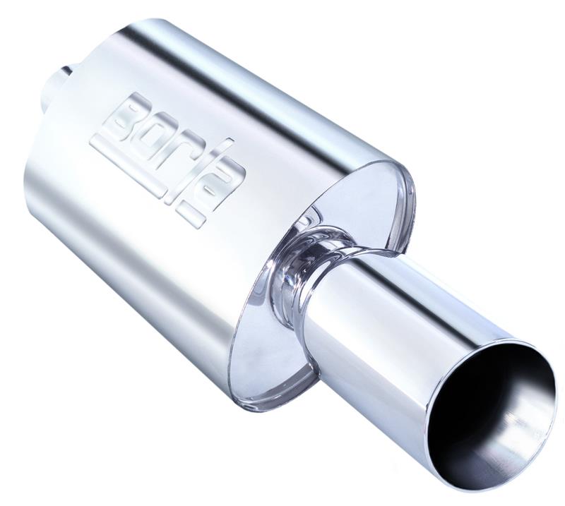 Borla Boomer Muffler Thumper oval 2-1/4 inch inlet and 4-inch round outlet, showcasing the polished metal muffler with dual exhaust openings.