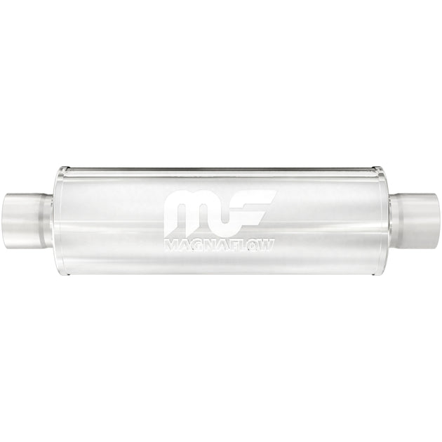 MagnaFlow Mag SS 3-inch muffler with 14x4x4 inch dimensions, showcasing its stainless steel construction and inlet/outlet design.