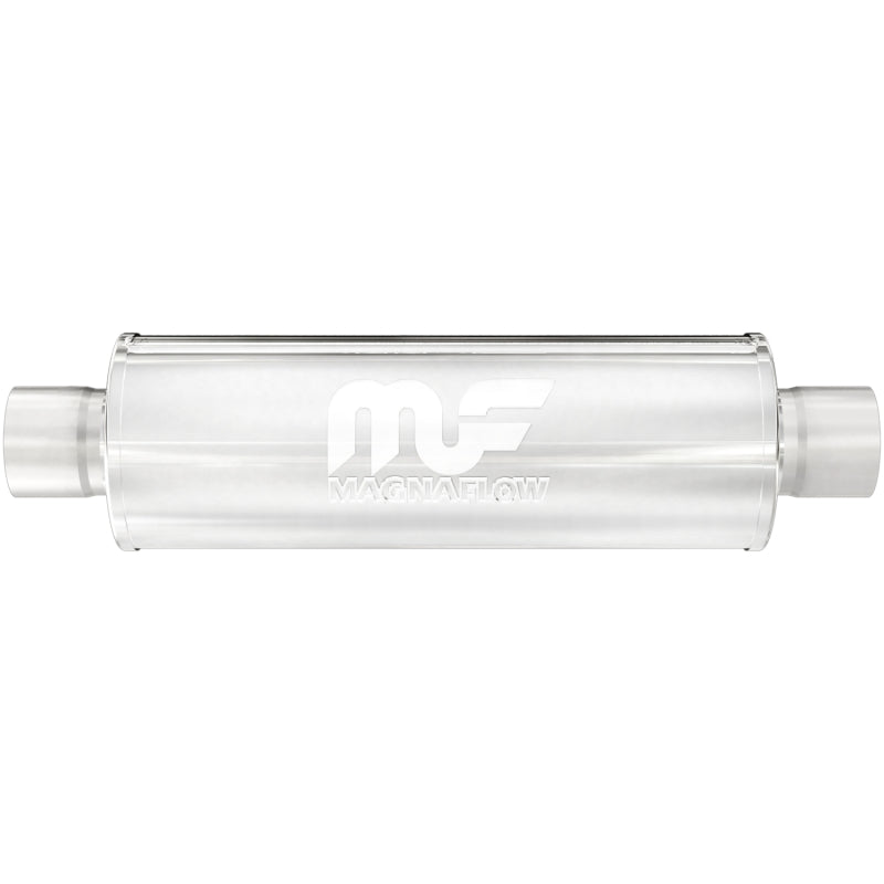 MagnaFlow Mag SS 3-inch muffler with 14x4x4 inch dimensions, showcasing its stainless steel construction and inlet/outlet design.