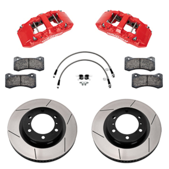 Wilwood 24-25 Toyota Tacoma front Aero6-DM big brake kit with 13.38-inch rotors, red calipers, and brake lines installed.