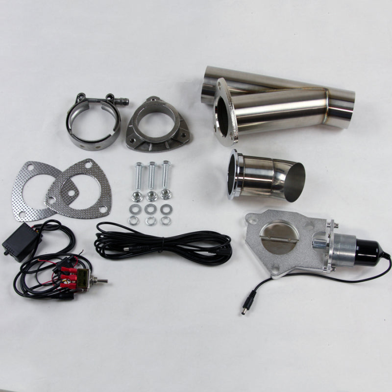 Granatelli Motor Sports 2.5-inch stainless steel exhaust cutout with open and closed positions, mounted for vehicle exhaust system.