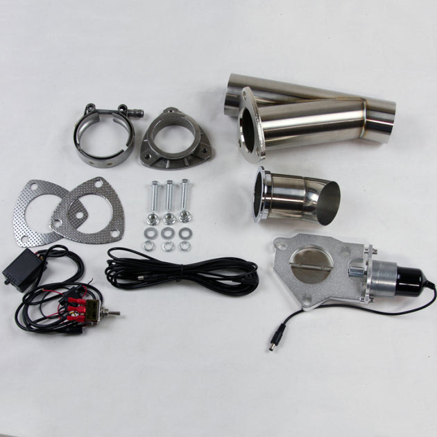 Granatelli Motor Sports 2.5-inch stainless steel exhaust cutout with open and closed positions, mounted for vehicle exhaust system.