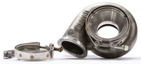 Garrett G25 turbine housing kit with V-band, reverse rotation, 0.72 A/R, showing polished metal turbine housing with V-band clamp.