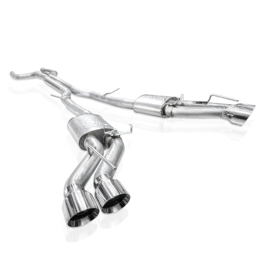 Stainless Works Cadillac CT5-V Blackwing catback exhaust with polished tips, showcasing its sleek design and stainless steel construction.