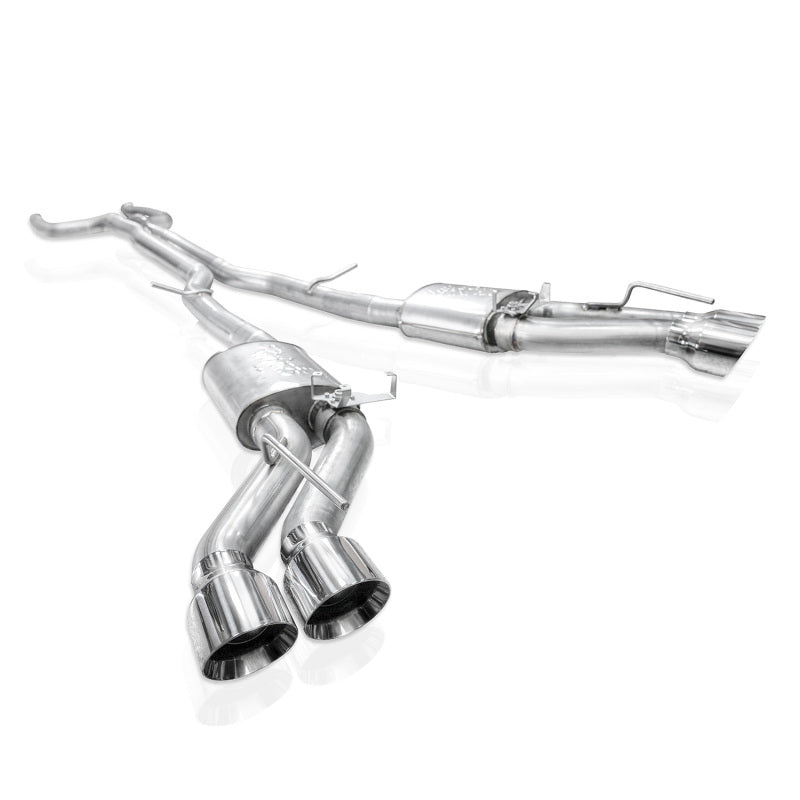 Stainless Works Cadillac CT5-V Blackwing catback exhaust with polished tips, showcasing its sleek design and stainless steel construction.