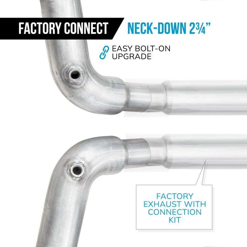 Stainless Works 15-25 Mustang GT lead pipe kit with factory connect, showing stainless steel connecting pipes for exhaust system.