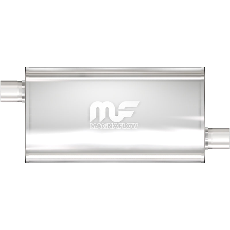 MagnaFlow Mag SS muffler with 22x5x11 inch dimensions and 3x3 inlet/outlet, stainless steel construction, installed on vehicle