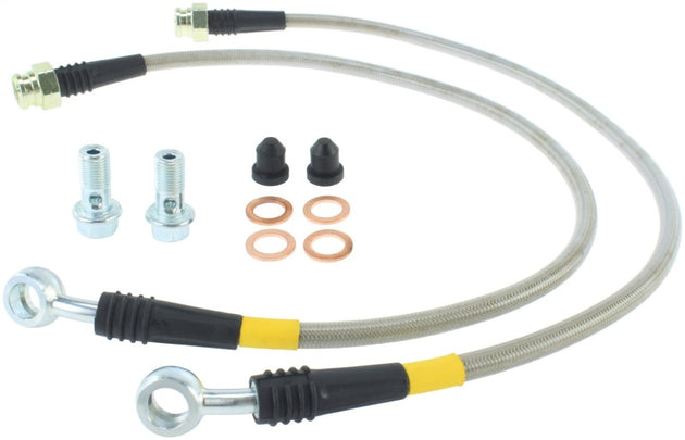 StopTech stainless steel front brake line kit for 2014-2015 Chevy Corvette Z51 C7 V8, showing installed brake lines.