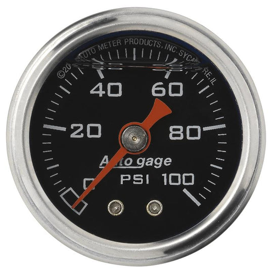 AutoMeter AutoGage 1.5-inch liquid-filled mechanical fuel pressure gauge showing 0-100 PSI with clear dial and black bezel