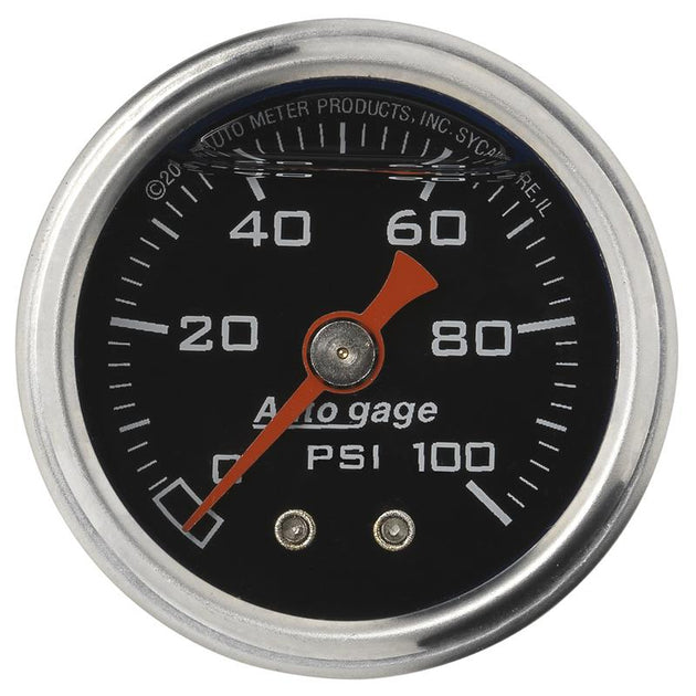 AutoMeter AutoGage 1.5-inch liquid-filled mechanical fuel pressure gauge showing 0-100 PSI with clear dial and black bezel