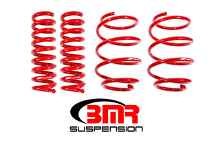 Set of four red BMR Suspension lowering springs for 2016-2017 6th Gen Camaro V8 performance version, designed to improve stance and handling.