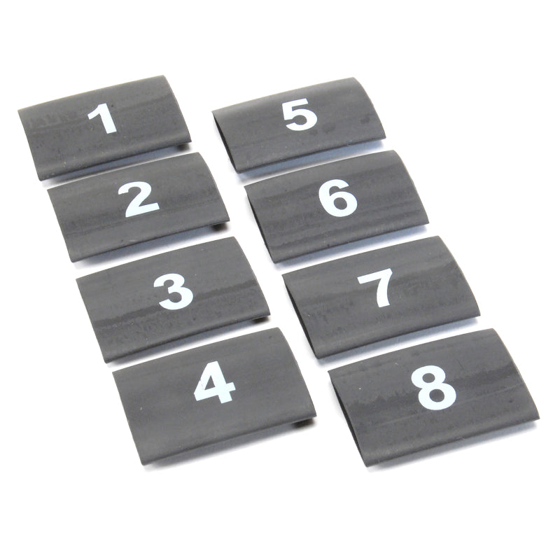 DEI heat shrink wire markers set of 8 numbered 1-8 in black, showing flexible heat shrink tubing with printed numbers for wiring identification.