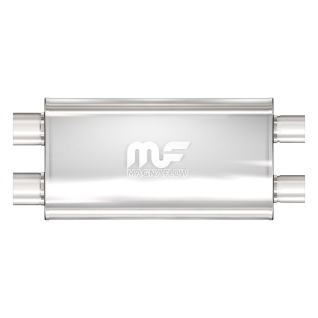 MagnaFlow Mag SS muffler with 22x5x11-inch dimensions and 2.5-inch inlet and outlet pipes, stainless steel construction.