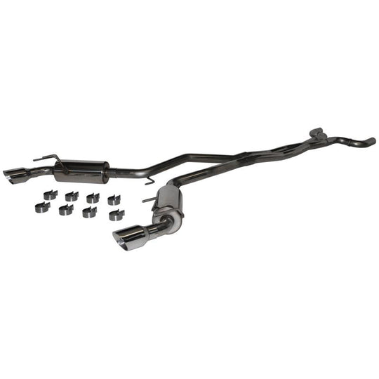 MBRP catback exhaust system for 2010 Chevrolet Camaro V6 3.6L with dual round tips, installed on a black car.