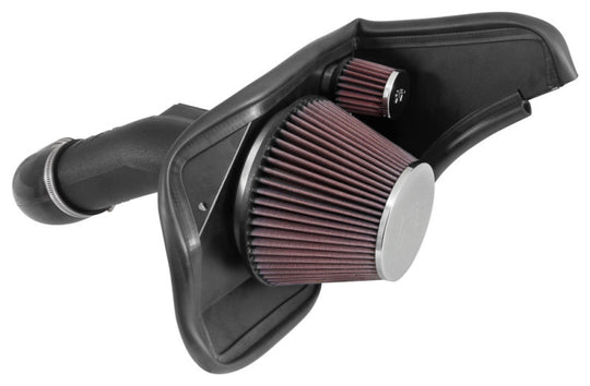 K&N Engineering cold air intake for 2013-2015 Cadillac ATS V6 3.6L engine, showing the black performance air filter and intake tube.