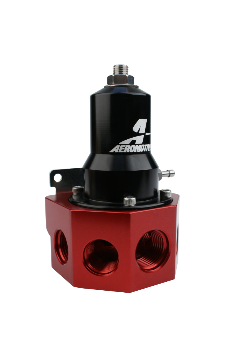 Aeromotive fuel pressure regulator with 30-120 PSI range, .500 valve, four AN-08 and AN-10 inlets, and AN-10 bypass connection.