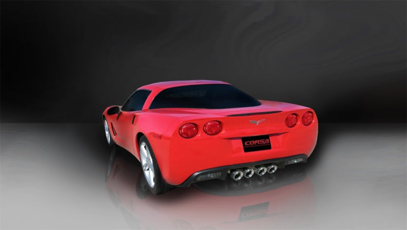 Polished CORSA Performance axle-back exhaust for Chevrolet Corvette C6 2009-2013 with 6.2L V8 engine, showcasing the sleek exhaust tips.