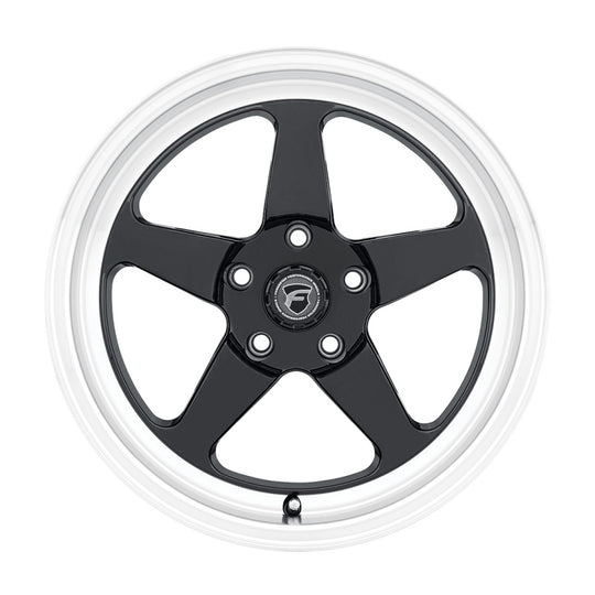 Forgestar D5 Drag 18x5.0 cast wheel in gloss black, 5x115 bolt pattern, ET-37 offset, with 1.5-inch backspacing.