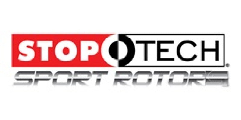 Rear left StopTech Sport slotted brake rotor showing detailed slits and metallic finish for enhanced braking performance.
