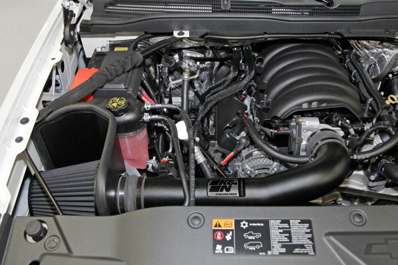 K&N 71 Series Performance Cold Air Intake Kit installed in Chevrolet Silverado, GMC Sierra, Suburban, or Yukon 2014-2015.