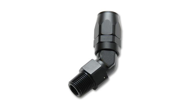Vibrant -6AN male NPT 45-degree hose end fitting with 1/8 NPT threads, shown in metallic finish with threaded connections.
