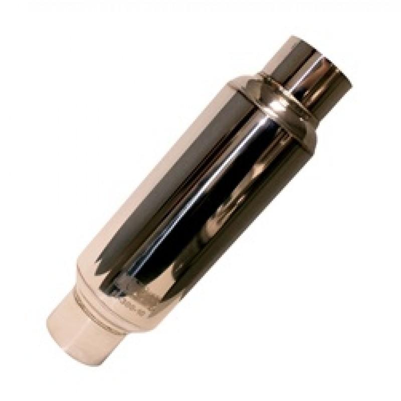 Kooks Universal 3.5-inch round stainless steel muffler, 10 inches long, Stafford Spec, designed for automotive exhaust systems.
