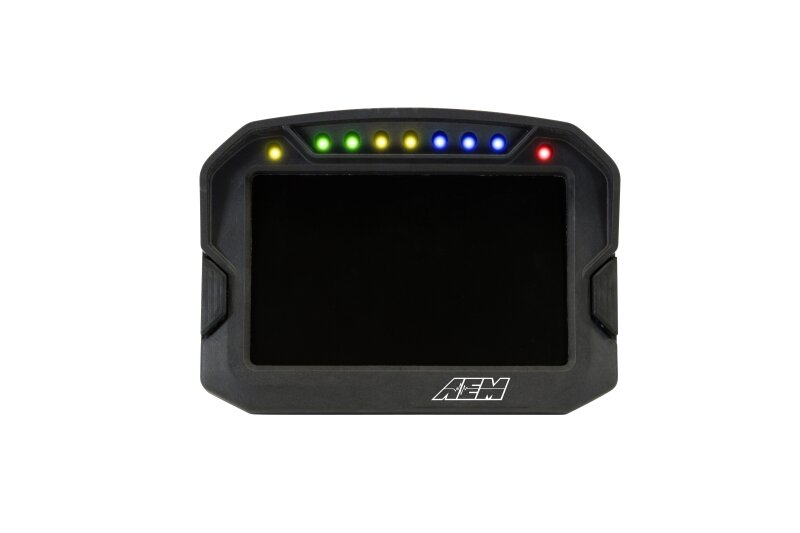 AEM CD-5LG carbon logging digital dash display with internal 10Hz GPS and antenna, showing gauge readouts and digital screen.
