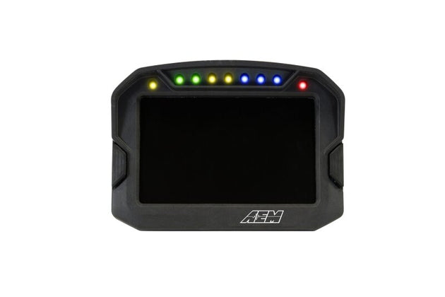 AEM CD-5LG carbon logging digital dash display with internal 10Hz GPS and antenna, showing gauge readouts and digital screen.