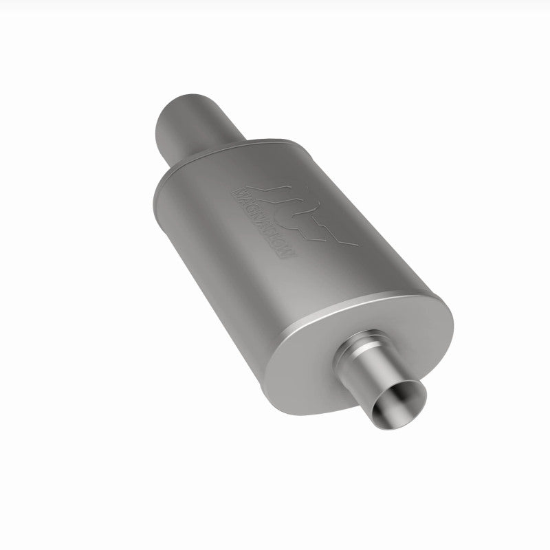 MagnaFlow stainless steel muffler with tip, 14x5x8 inches, featuring dual inlet and outlet pipes, part number 8934c9d9e797fea339970f3ec6f6a205L