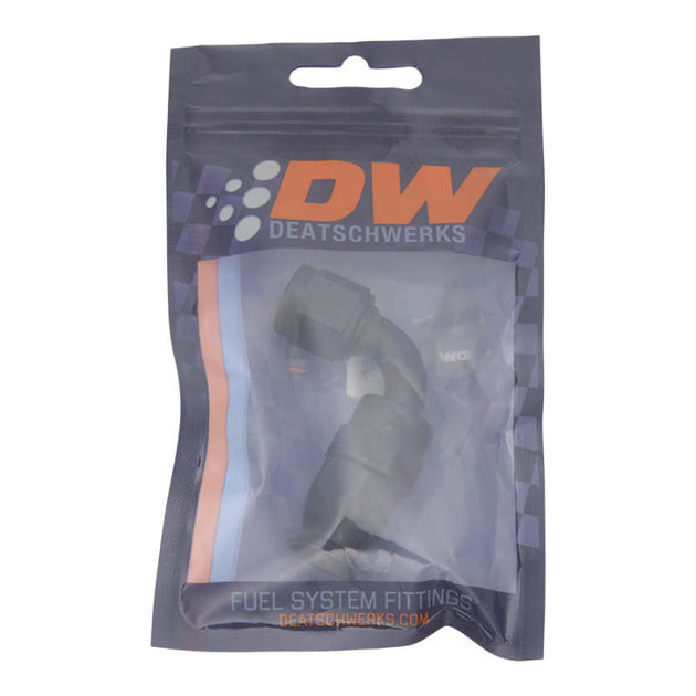 DeatschWerks 6AN female swivel 90-degree hose end fitting with PTFE and olive insert in anodized matte black, suitable for fuel lines.