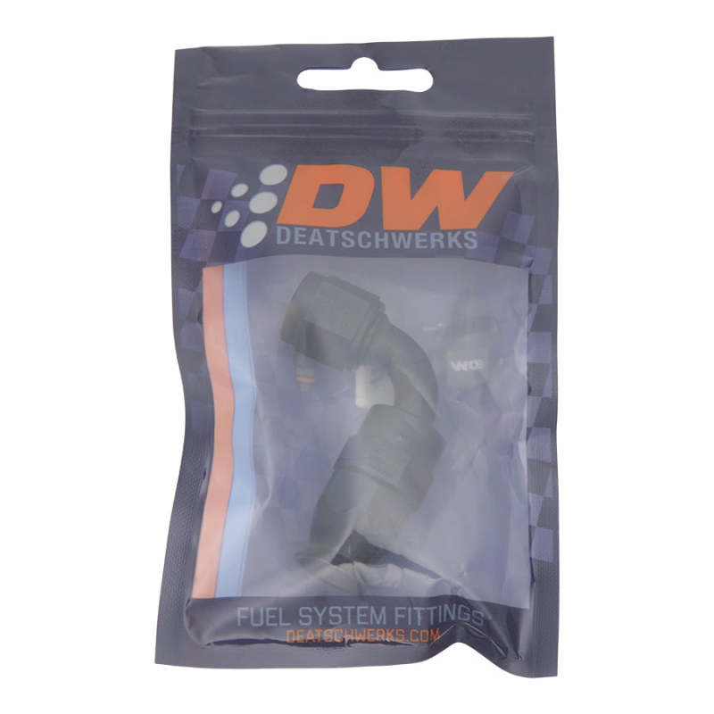 DeatschWerks 6AN female swivel 90-degree hose end fitting with PTFE and olive insert in anodized matte black, suitable for fuel lines.