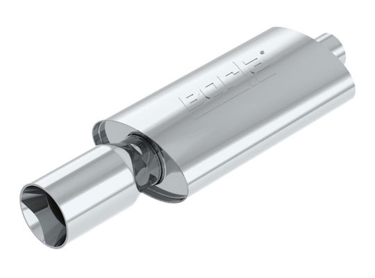 Borla Boomer Muffler Thumper Oval 2-1/4 inch inlet with 4-inch round outlet, showcasing the chrome finish and dual exhaust tips.