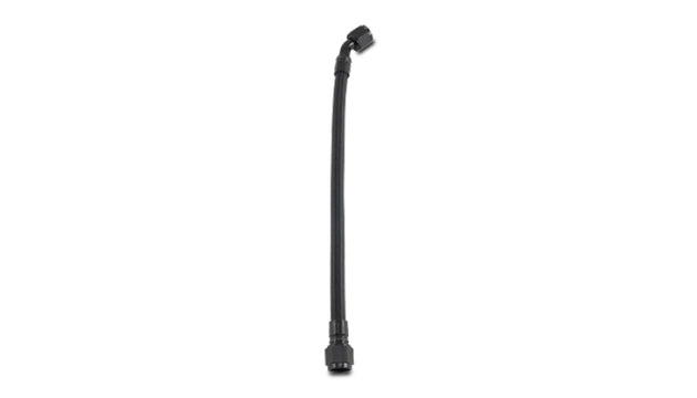 Vibrant 12-inch PTFE hose assembly with 6AN female fittings, straight and 45-degree angles for high-performance fluid transfer.