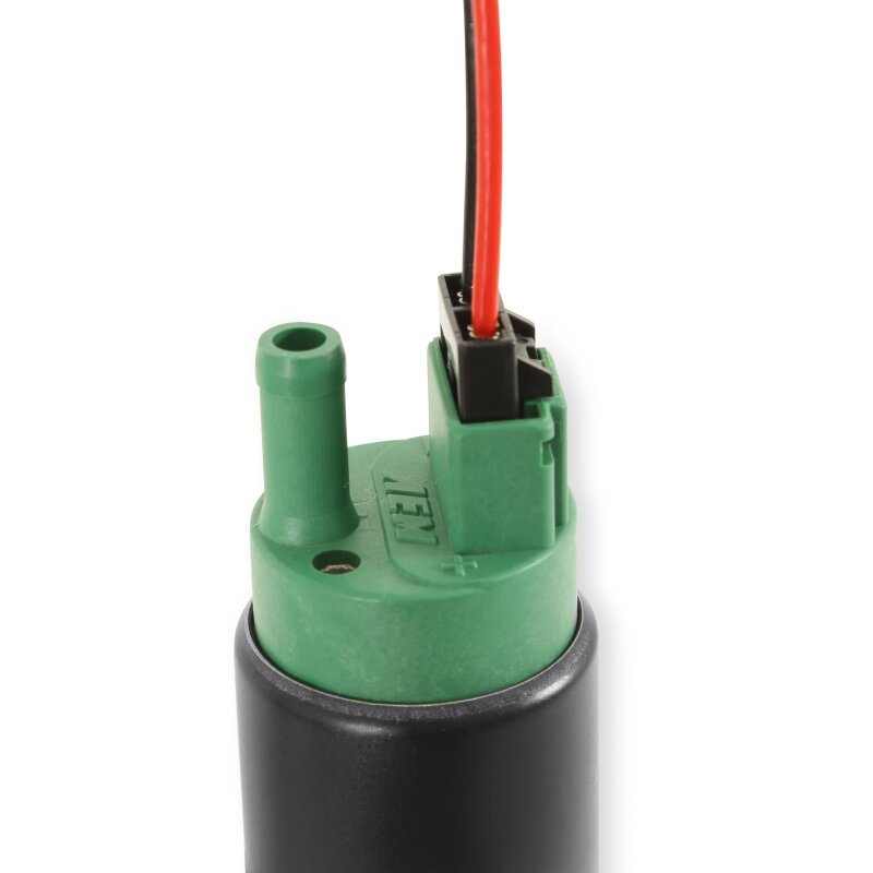 AEM 400 LPH E85 compatible fuel pump kit with single barb connection, designed for ethanol fuel systems, shown installed.