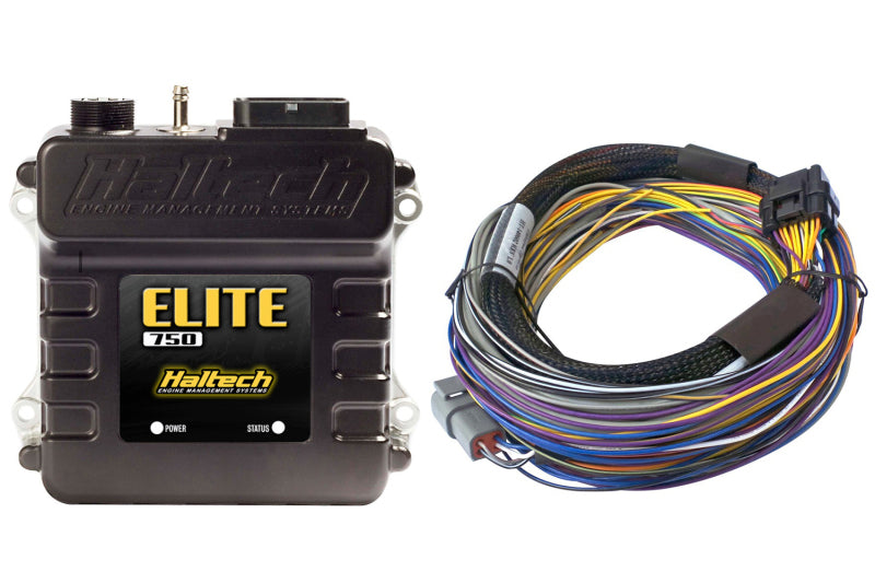 Haltech Elite 750 Basic Universal Wire-In Harness ECU Kit for programmers and tuners, with wiring components and connectors visible.