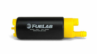 Fuelab 494 high output in-tank electric fuel pump with 340 LPH flow, shown in a close-up image highlighting its compact design.