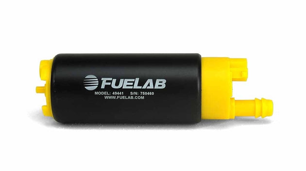 Fuelab 494 high output in-tank electric fuel pump, 340 LPH, with offset inlet and outlet, shown in a close-up view.