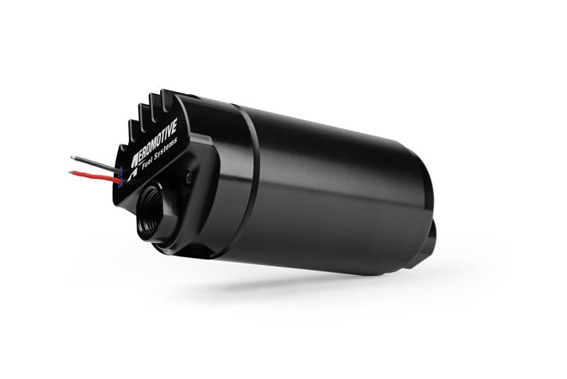Aeromotive A1000 Brushless External Fuel Pump with metallic body and hoses for high-performance fuel delivery system.