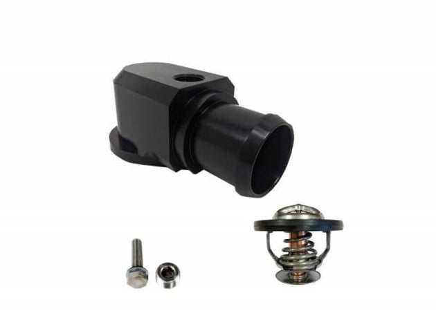 Granatelli Motor Sports billet thermostat housing with 180-degree thermostat for Jeep Trackhawk 2018-2019, black finish.
