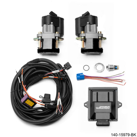 Wilwood rear electronic parking brake retrofit kit with 0.810-inch rotor and black brake calipers for performance vehicles.
