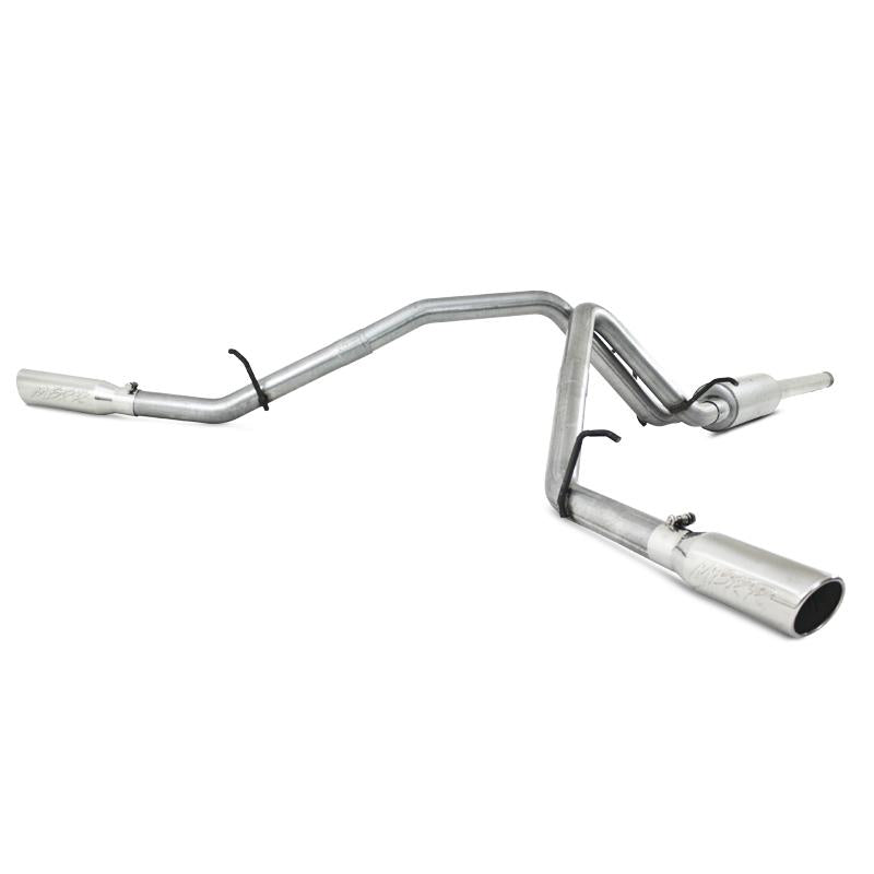 MBRP catback exhaust system for 2009 Chevy/GMC 1500 4.8/5.3L EC/CC dual split side, includes muffler and piping.