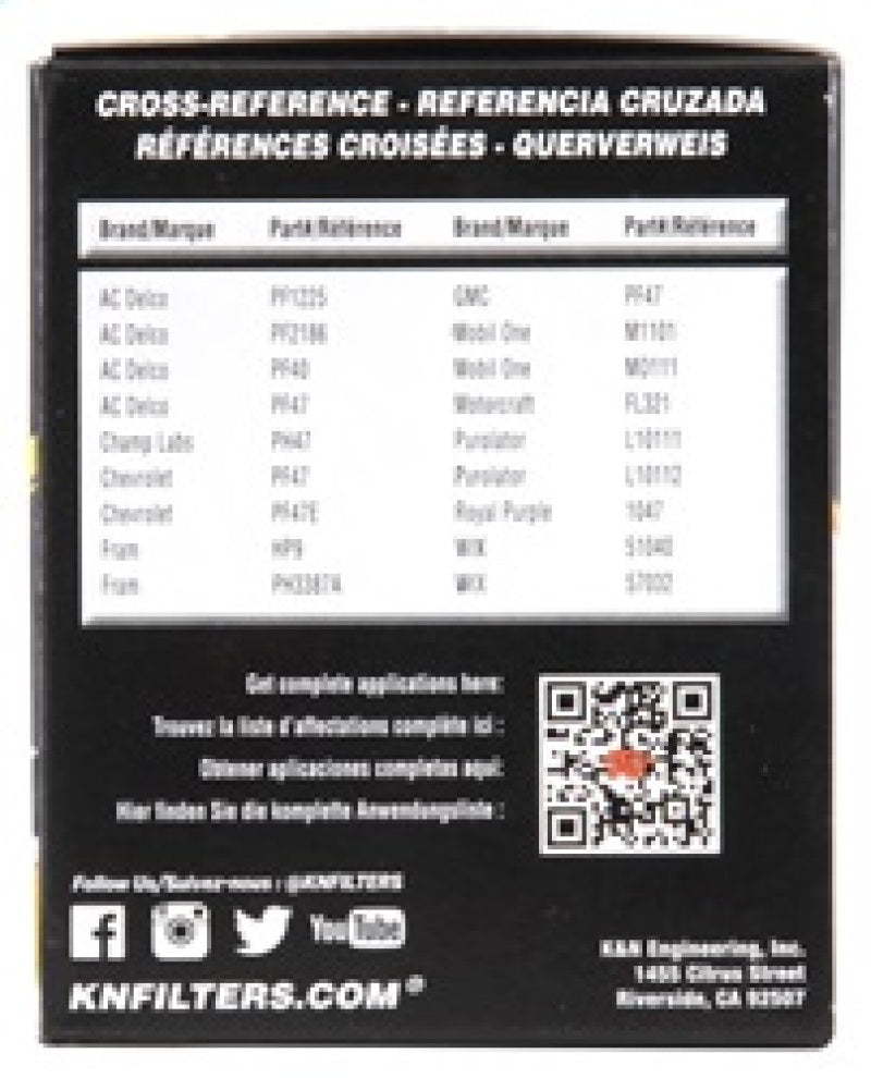 K&N Performance Gold Oil Filter for Chevy, Pontiac, GMC, and Buick vehicles, showing the cylindrical filter with brand markings