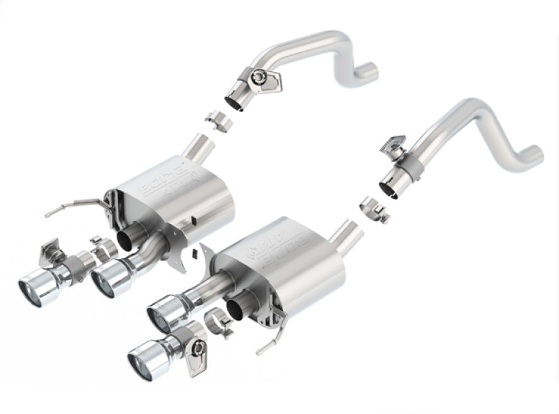 Borla catback exhaust system for 2014 Chevrolet Corvette C7 6.2L V8, rear section with dual NPP mode valves, metallic finish.