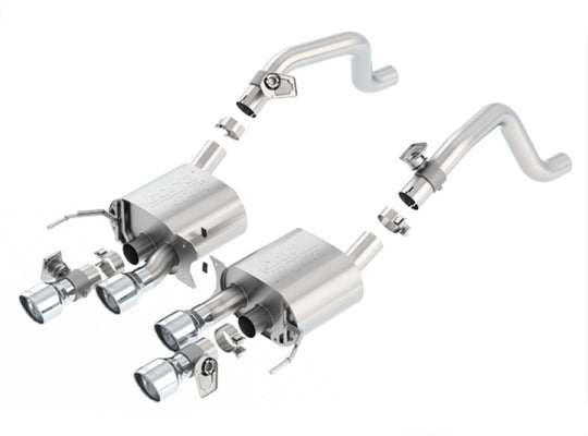 Borla catback exhaust system for 2014 Chevrolet Corvette C7 6.2L V8, rear section with dual NPP mode valves, metallic finish.