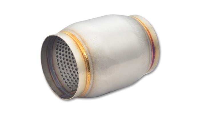 Vibrant SS Race Muffler with 3-inch inlet and outlet, 5-inch long, featuring a sleek metallic finish and cylindrical shape.