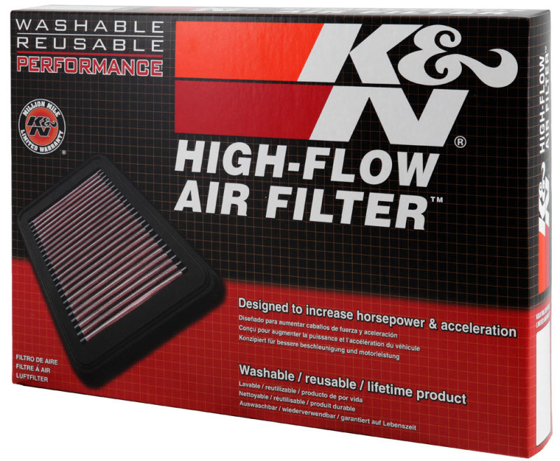K&N Engineering custom oval air filter with black frame, 7.75-inch width, 14.625-inch length, and 2-inch height for drop-in replacement