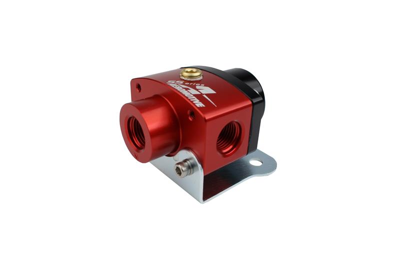 Aeromotive carbureted adjustable billet fuel pressure regulator with two-port AN-6 fittings for automotive performance applications.