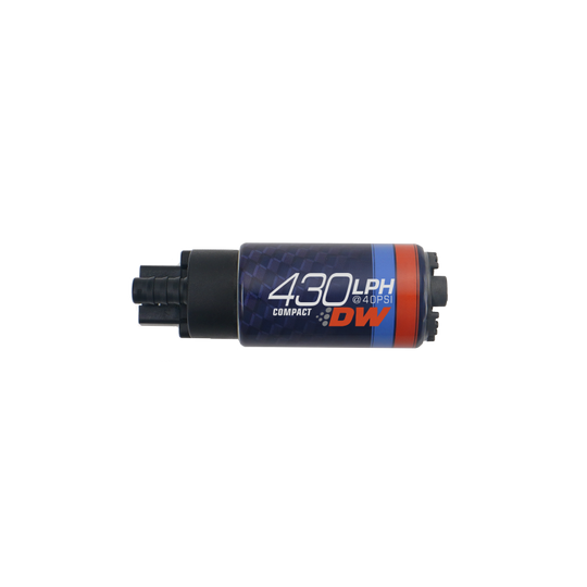 DeatschWerks DW430C 430lph compact fuel pump with metal body, shown without clips, for high-performance fuel systems.