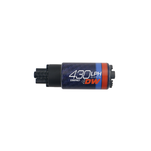 DeatschWerks DW430C 430lph compact fuel pump with metal body, shown without clips, for high-performance fuel systems.