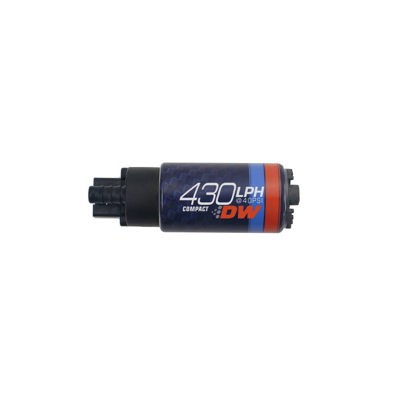 DeatschWerks DW430C 430lph compact fuel pump with metal body, shown without clips, for high-performance fuel systems.